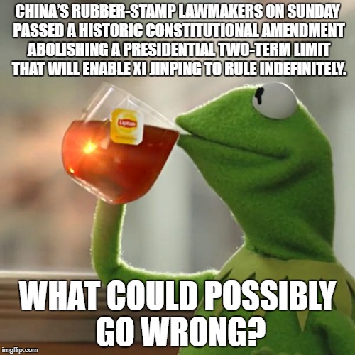 But That's None Of My Business | CHINA’S RUBBER-STAMP LAWMAKERS ON SUNDAY PASSED A HISTORIC CONSTITUTIONAL AMENDMENT ABOLISHING A PRESIDENTIAL TWO-TERM LIMIT THAT WILL ENABLE XI JINPING TO RULE INDEFINITELY. WHAT COULD POSSIBLY GO WRONG? | image tagged in memes,but thats none of my business,kermit the frog | made w/ Imgflip meme maker