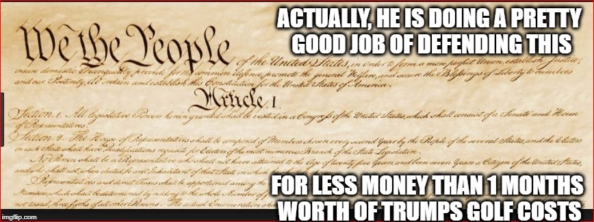 ACTUALLY, HE IS DOING A PRETTY GOOD JOB OF DEFENDING THIS FOR LESS MONEY THAN 1 MONTHS WORTH OF TRUMPS GOLF COSTS | made w/ Imgflip meme maker