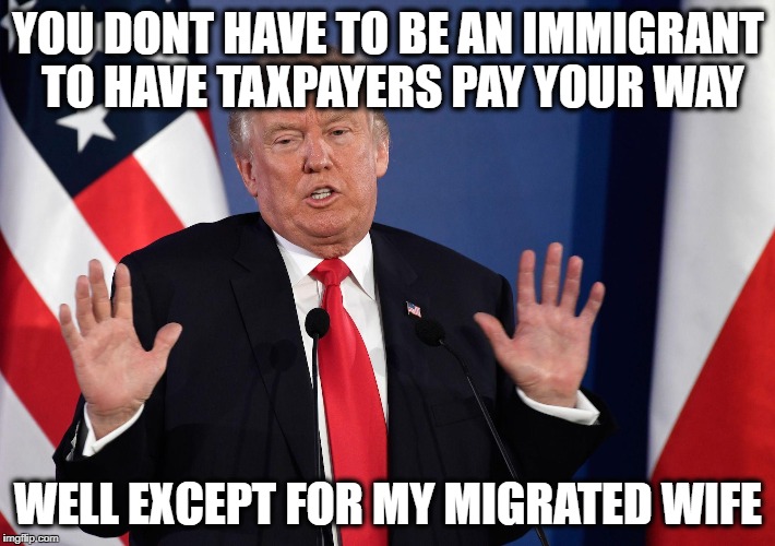 Trump Not Me | YOU DONT HAVE TO BE AN IMMIGRANT TO HAVE TAXPAYERS PAY YOUR WAY WELL EXCEPT FOR MY MIGRATED WIFE | image tagged in trump not me | made w/ Imgflip meme maker