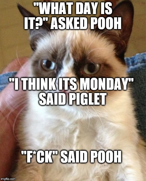 Grumpy Cat Meme | "WHAT DAY IS IT?" ASKED POOH "I THINK ITS MONDAY" SAID PIGLET "F*CK" SAID POOH | image tagged in memes,grumpy cat | made w/ Imgflip meme maker