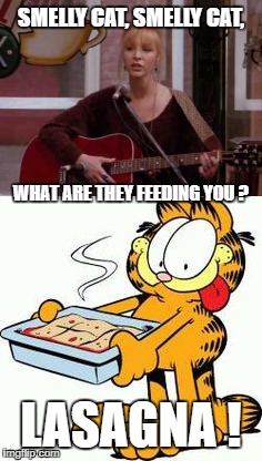 The Smelly Cat question has finally been answered...  | SMELLY CAT, SMELLY CAT, WHAT ARE THEY FEEDING YOU ? LASAGNA ! | image tagged in smelly cat,phoebe,friends,what are they feeding you,garfield,responds | made w/ Imgflip meme maker