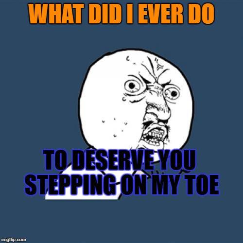 Y U No Meme | WHAT DID I EVER DO; TO DESERVE YOU STEPPING ON MY TOE | image tagged in memes,y u no | made w/ Imgflip meme maker