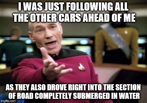 Picard Wtf Meme | I WAS JUST FOLLOWING ALL THE OTHER CARS AHEAD OF ME AS THEY ALSO DROVE RIGHT INTO THE SECTION OF ROAD COMPLETELY SUBMERGED IN WATER | image tagged in memes,picard wtf | made w/ Imgflip meme maker