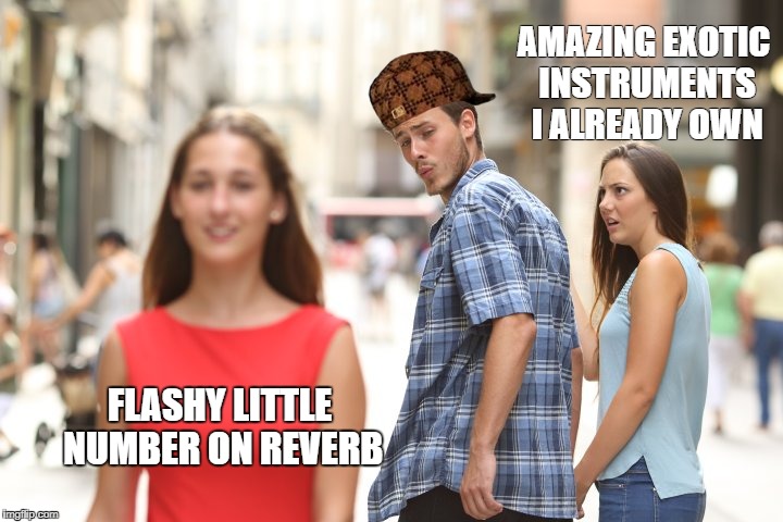 guy looking at girl poor girlfriend | AMAZING EXOTIC INSTRUMENTS I ALREADY OWN; FLASHY LITTLE NUMBER ON REVERB | image tagged in guy looking at girl poor girlfriend,scumbag | made w/ Imgflip meme maker