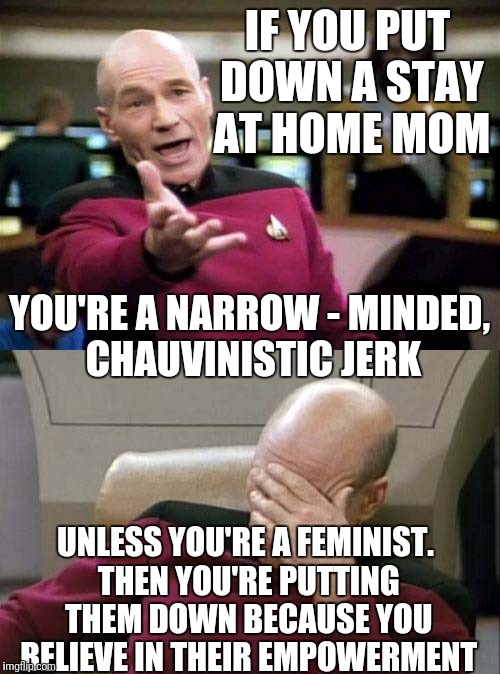 Just listened to a feminist explain why women shouldn't stay at home... | IF YOU PUT DOWN A STAY AT HOME MOM; YOU'RE A NARROW - MINDED, CHAUVINISTIC JERK; UNLESS YOU'RE A FEMINIST. THEN YOU'RE PUTTING THEM DOWN BECAUSE YOU BELIEVE IN THEIR EMPOWERMENT | image tagged in picard wtf and facepalm combined,feminism,stay at home mom | made w/ Imgflip meme maker