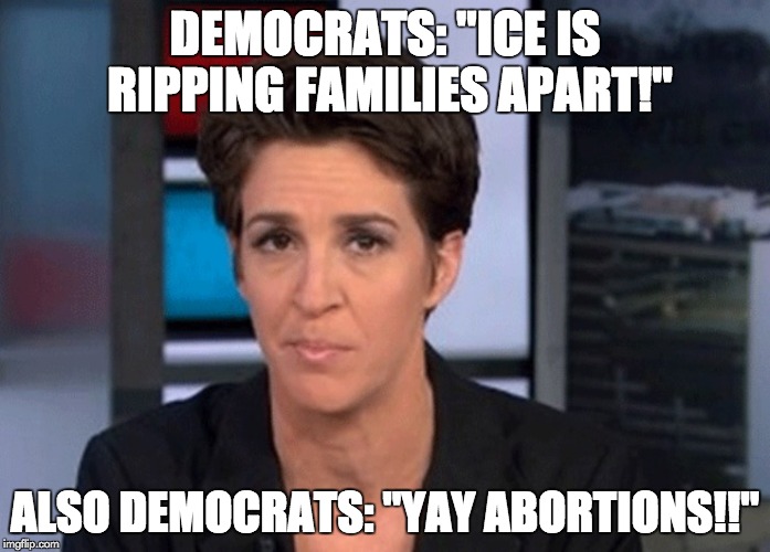 Rachel Maddow  |  DEMOCRATS: "ICE IS RIPPING FAMILIES APART!"; ALSO DEMOCRATS: "YAY ABORTIONS!!" | image tagged in rachel maddow | made w/ Imgflip meme maker