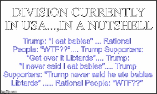 plain white | DIVISION CURRENTLY IN USA...,IN A NUTSHELL; Trump: "I eat babies"
... Rational People: "WTF??"....
Trump Supporters: "Get over it Libtards"....
Trump: "I never said I eat babies"....
Trump Supporters: "Trump never said he ate babies Libtards" .....
Rational People: "WTF??" | image tagged in plain white | made w/ Imgflip meme maker