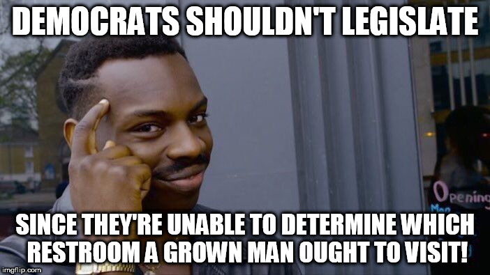 Roll Safe Think About It | DEMOCRATS SHOULDN'T LEGISLATE; SINCE THEY'RE UNABLE TO DETERMINE WHICH RESTROOM A GROWN MAN OUGHT TO VISIT! | image tagged in memes,roll safe think about it | made w/ Imgflip meme maker