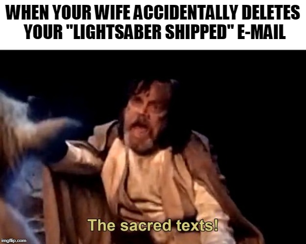 The sacred texts! | WHEN YOUR WIFE ACCIDENTALLY DELETES YOUR "LIGHTSABER SHIPPED" E-MAIL | image tagged in the sacred texts | made w/ Imgflip meme maker