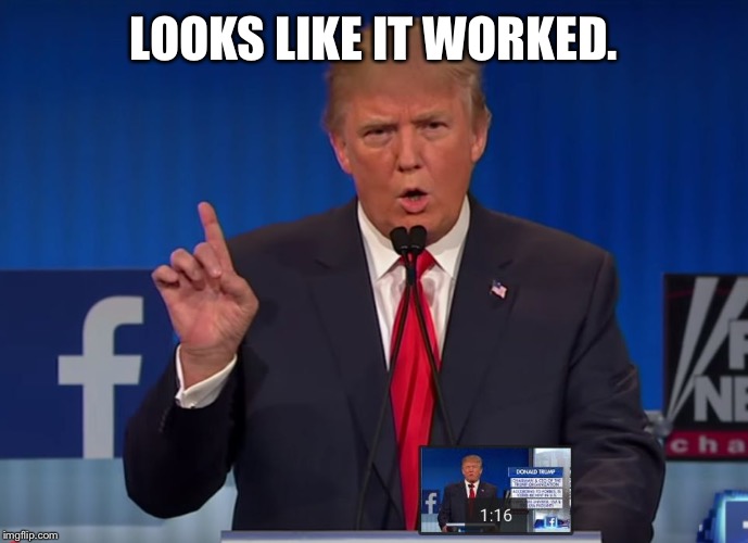 trump | LOOKS LIKE IT WORKED. | image tagged in trump | made w/ Imgflip meme maker