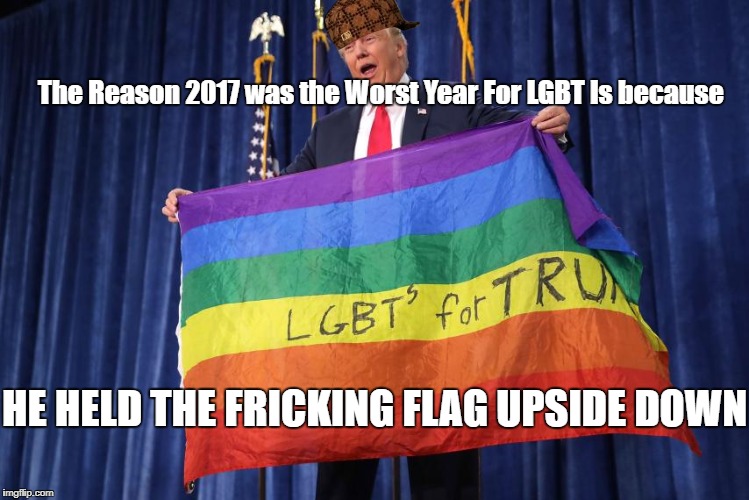 Why 2017 is the worst for LGBTQ+ | The Reason 2017 was the Worst Year For LGBT Is because; HE HELD THE FRICKING FLAG UPSIDE DOWN | image tagged in donald trump,lgbtq,lgbt,funny,stupid people | made w/ Imgflip meme maker