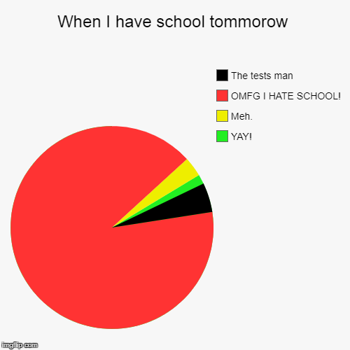 When I have school tommorow | YAY!, Meh., OMFG I HATE SCHOOL!, The tests man | image tagged in funny,pie charts | made w/ Imgflip chart maker