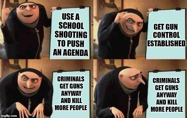 I'm surprised this template hasn't spread to Imgflip sooner. | GET GUN CONTROL ESTABLISHED; USE A SCHOOL SHOOTING TO PUSH AN AGENDA; CRIMINALS GET GUNS ANYWAY AND KILL MORE PEOPLE; CRIMINALS GET GUNS ANYWAY AND KILL MORE PEOPLE | image tagged in gru's plan,despicable me | made w/ Imgflip meme maker