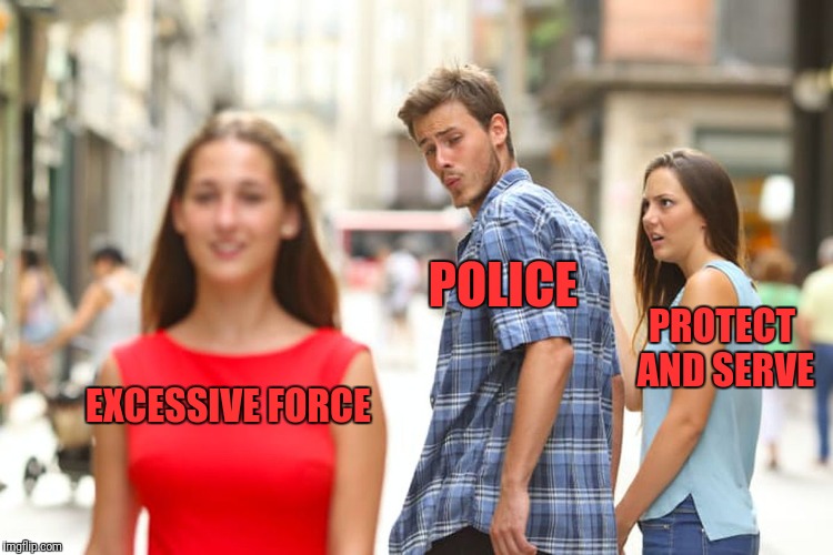 Distracted Boyfriend Meme | EXCESSIVE FORCE POLICE PROTECT AND SERVE | image tagged in memes,distracted boyfriend | made w/ Imgflip meme maker