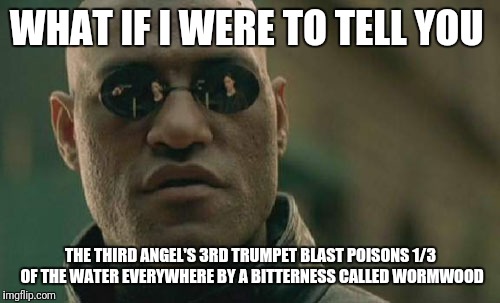 Matrix Morpheus Meme | WHAT IF I WERE TO TELL YOU THE THIRD ANGEL'S 3RD TRUMPET BLAST POISONS 1/3 OF THE WATER EVERYWHERE BY A BITTERNESS CALLED WORMWOOD | image tagged in memes,matrix morpheus | made w/ Imgflip meme maker