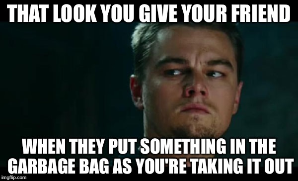 THAT LOOK YOU GIVE YOUR FRIEND; WHEN THEY PUT SOMETHING IN THE GARBAGE BAG AS YOU'RE TAKING IT OUT | image tagged in lionardo,rage | made w/ Imgflip meme maker