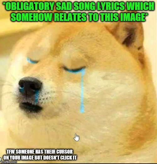 Doge needs to stop, now! | *OBLIGATORY SAD SONG LYRICS WHICH SOMEHOW RELATES TO THIS IMAGE*; TFW SOMEONE HAS THEIR CURSOR ON YOUR IMAGE BUT DOESN'T CLICK IT | image tagged in memes,doge,sad doge | made w/ Imgflip meme maker