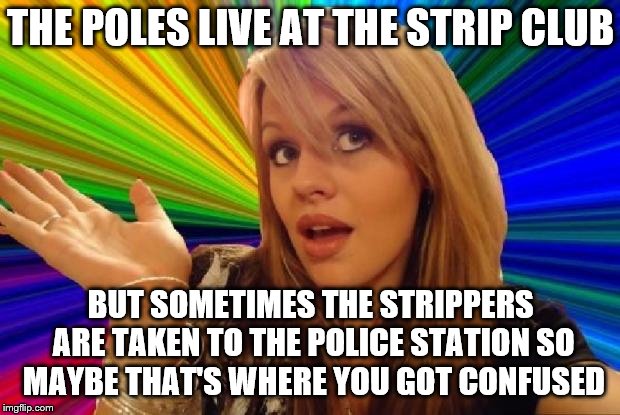 THE POLES LIVE AT THE STRIP CLUB BUT SOMETIMES THE STRIPPERS ARE TAKEN TO THE POLICE STATION SO MAYBE THAT'S WHERE YOU GOT CONFUSED | made w/ Imgflip meme maker