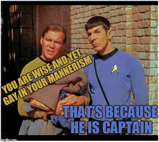 Sulu | YOU ARE WISE AND YET GAY IN YOUR MANNERISM; THAT'S BECAUSE HE IS CAPTAIN | image tagged in cool bullshit kirk n spock,the talk,star trek wars jeans,meme memes | made w/ Imgflip meme maker