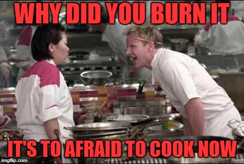 Angry Chef Gordon Ramsay | WHY DID YOU BURN IT; IT'S TO AFRAID TO COOK NOW | image tagged in memes,angry chef gordon ramsay | made w/ Imgflip meme maker