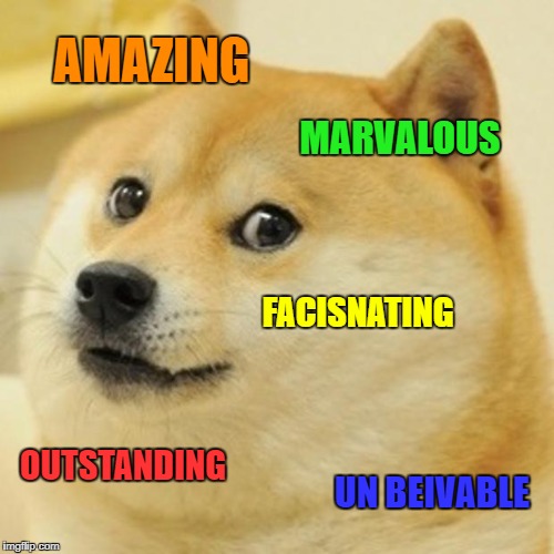 Doge | AMAZING; MARVALOUS; FACISNATING; OUTSTANDING; UN BEIVABLE | image tagged in memes,doge | made w/ Imgflip meme maker