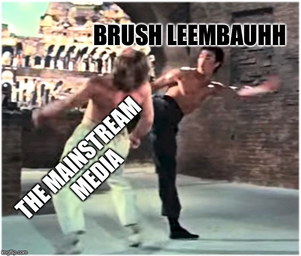 550 AM Radio | BRUSH LEEMBAUHH; THE MAINSTREAM MEDIA | image tagged in bruce leeith kicks chucks face,rush limbaugh,the truth,meme | made w/ Imgflip meme maker