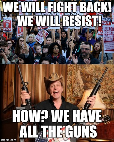 the resistance |  WE WILL FIGHT BACK!  WE WILL RESIST! HOW? WE HAVE ALL THE GUNS | image tagged in memes,liberals,liberal logic,politics,ted nugent,theresistance | made w/ Imgflip meme maker