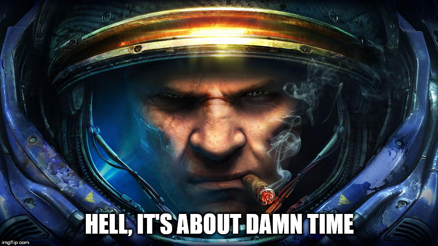 Starcraft 2 slogan | HELL, IT'S ABOUT DAMN TIME | image tagged in starcraft | made w/ Imgflip meme maker