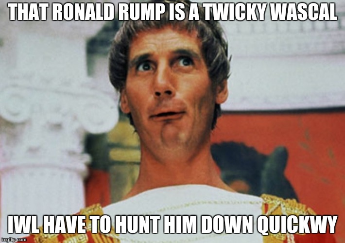 Monty Python Pilate | THAT RONALD RUMP IS A TWICKY WASCAL; IWL HAVE TO HUNT HIM DOWN QUICKWY | image tagged in monty python pilate | made w/ Imgflip meme maker
