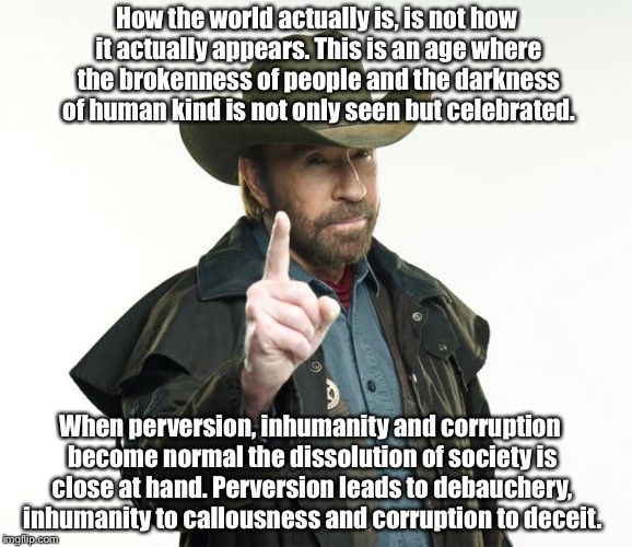 Chuck Norris Finger Meme | How the world actually is, is not how it actually appears. This is an age where the brokenness of people and the darkness of human kind is not only seen but celebrated. When perversion, inhumanity and corruption become normal the dissolution of society is close at hand. Perversion leads to debauchery, inhumanity to callousness and corruption to deceit. | image tagged in memes,chuck norris finger,chuck norris | made w/ Imgflip meme maker