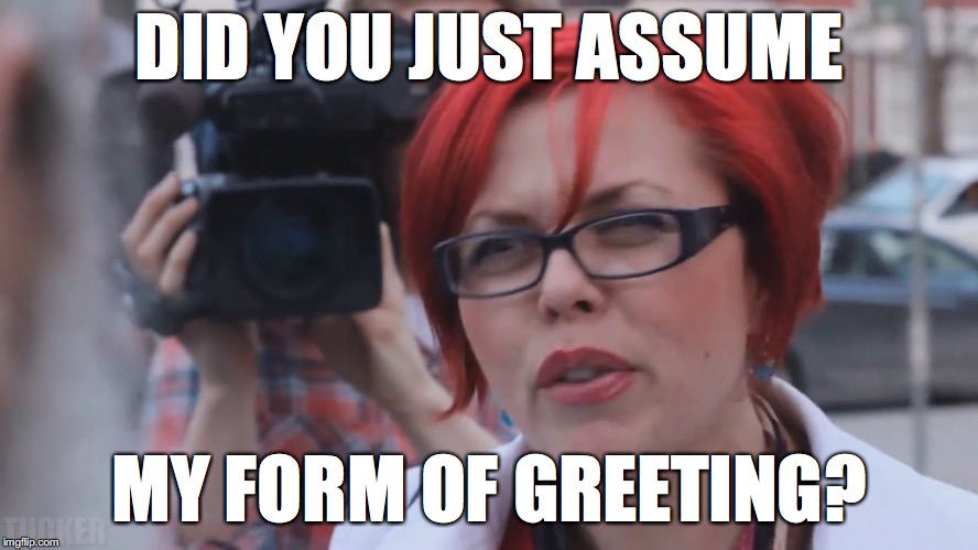 Triggered feminist | DID YOU JUST ASSUME; MY FORM OF GREETING? | image tagged in triggered feminist,memes,greeting | made w/ Imgflip meme maker
