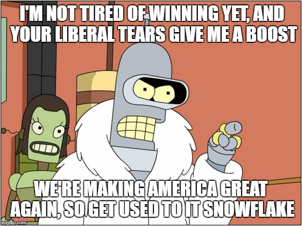 Ameripimp | I'M NOT TIRED OF WINNING YET, AND YOUR LIBERAL TEARS GIVE ME A BOOST; WE'RE MAKING AMERICA GREAT AGAIN, SO GET USED TO IT SNOWFLAKE | image tagged in memes,bender | made w/ Imgflip meme maker