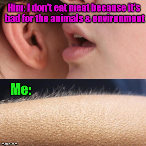 Whisper and Goosebumps | Him: I don't eat meat because it's bad for the animals & environment; Me: | image tagged in whisper and goosebumps,vegan,vegetarian,pickup lines | made w/ Imgflip meme maker