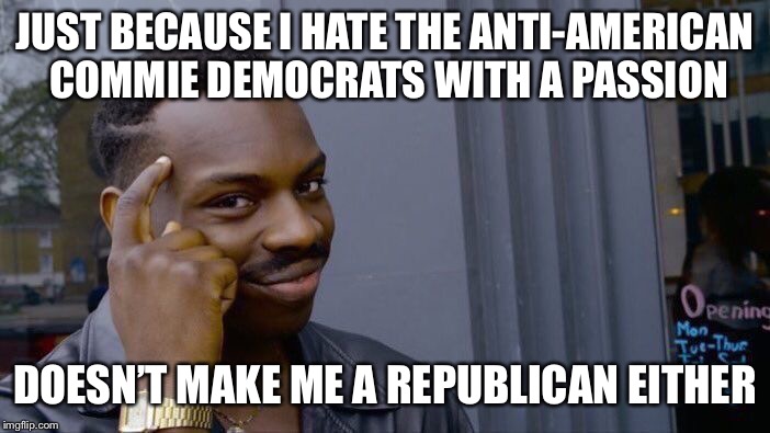 Roll Safe Think About It Meme | JUST BECAUSE I HATE THE ANTI-AMERICAN COMMIE DEMOCRATS WITH A PASSION; DOESN’T MAKE ME A REPUBLICAN EITHER | image tagged in memes,roll safe think about it,democrats,democratic party,republicans,republican party | made w/ Imgflip meme maker