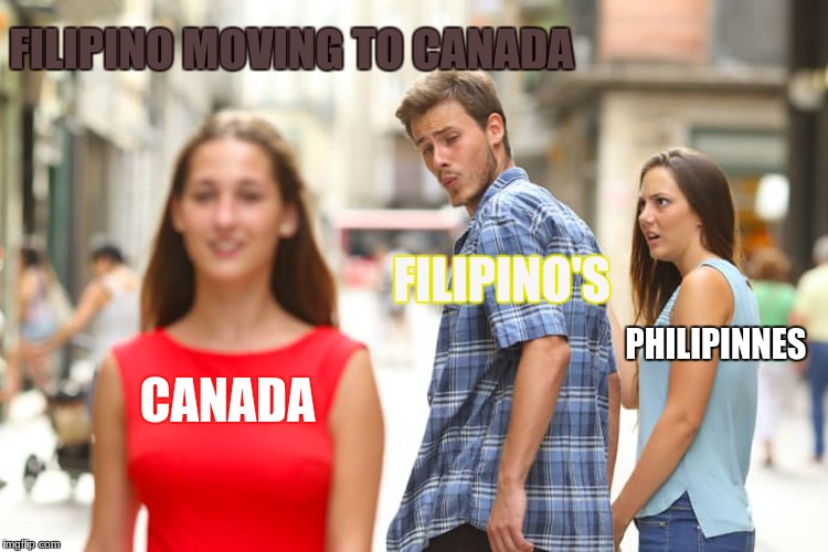 Distracted Boyfriend Meme | FILIPINO MOVING TO CANADA; FILIPINO'S; PHILIPINNES; CANADA | image tagged in memes,distracted boyfriend | made w/ Imgflip meme maker