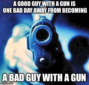 gun in face | A GOOD GUY WITH A GUN IS ONE BAD DAY AWAY FROM BECOMING; A BAD GUY WITH A GUN | image tagged in gun in face | made w/ Imgflip meme maker