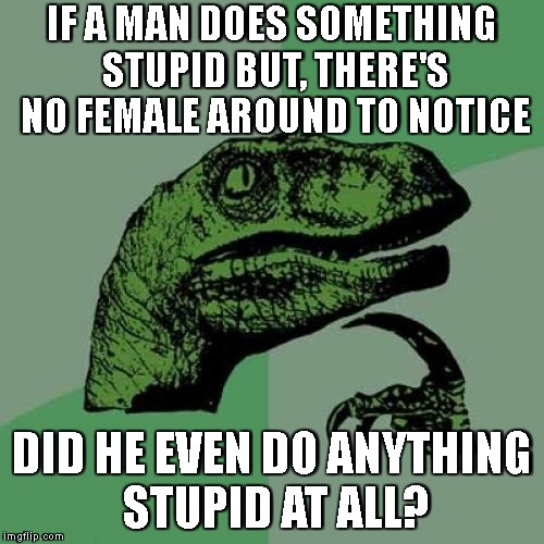 Words Of Wisdom From My Son The Philosoraptor | IF A MAN DOES SOMETHING STUPID BUT, THERE'S NO FEMALE AROUND TO NOTICE; DID HE EVEN DO ANYTHING STUPID AT ALL? | image tagged in philosoraptor,women,men,gender,stupid,hmmm | made w/ Imgflip meme maker