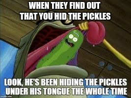 WHEN THEY FIND OUT THAT YOU HID THE PICKLES | image tagged in oh no it's retarded | made w/ Imgflip meme maker