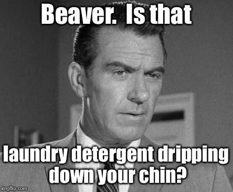 Deleted scenes from 1957’s Leave it to Beaver | Beaver.  Is that; laundry detergent dripping down your chin? | image tagged in not happy ward cleaver,beaver,tide,pods,dripping,chin | made w/ Imgflip meme maker