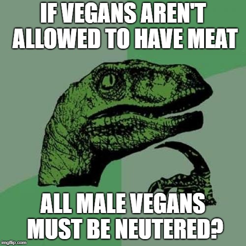 vegan conspirings | IF VEGANS AREN'T ALLOWED TO HAVE MEAT; ALL MALE VEGANS MUST BE NEUTERED? | image tagged in memes,philosoraptor,vegan | made w/ Imgflip meme maker