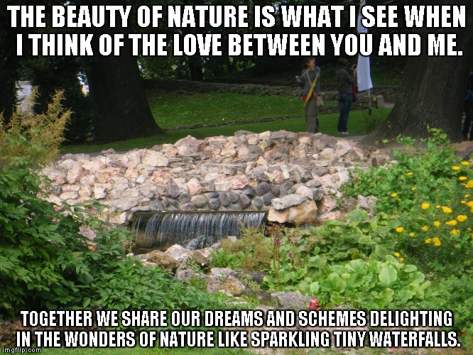 Beauty of Nature | THE BEAUTY OF NATURE IS WHAT I SEE WHEN I THINK OF THE LOVE BETWEEN YOU AND ME. TOGETHER WE SHARE OUR DREAMS AND SCHEMES DELIGHTING IN THE WONDERS OF NATURE LIKE SPARKLING TINY WATERFALLS. | image tagged in love,nature,dreams,waterfalls | made w/ Imgflip meme maker