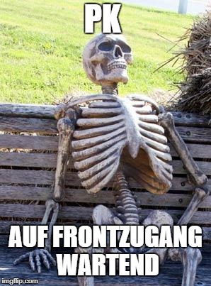 Waiting Skeleton Meme |  PK; AUF FRONTZUGANG WARTEND | image tagged in memes,waiting skeleton | made w/ Imgflip meme maker