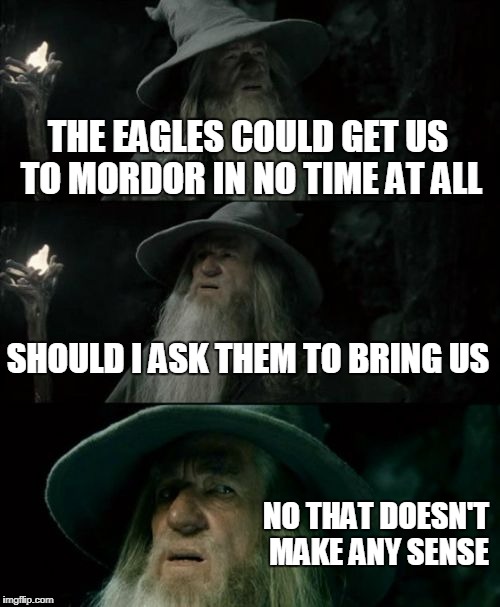 Confused Gandalf Meme | THE EAGLES COULD GET US TO MORDOR IN NO TIME AT ALL; SHOULD I ASK THEM TO BRING US; NO THAT DOESN'T MAKE ANY SENSE | image tagged in memes,confused gandalf | made w/ Imgflip meme maker