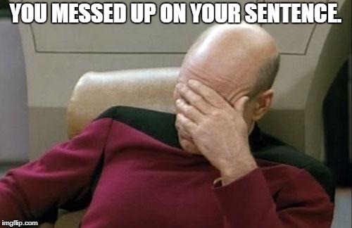 Captain Picard Facepalm Meme | YOU MESSED UP ON YOUR SENTENCE. | image tagged in memes,captain picard facepalm | made w/ Imgflip meme maker