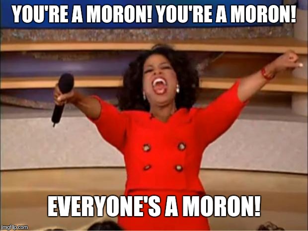 Oprah You Get A Meme | YOU'RE A MORON! YOU'RE A MORON! EVERYONE'S A MORON! | image tagged in memes,oprah you get a | made w/ Imgflip meme maker