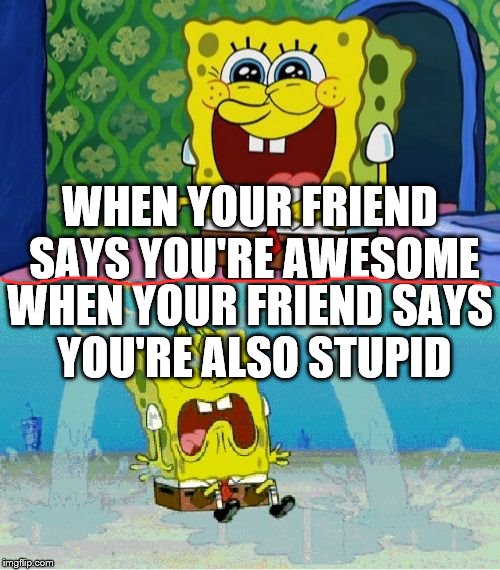 spongebob happy and sad | WHEN YOUR FRIEND SAYS YOU'RE AWESOME; WHEN YOUR FRIEND SAYS YOU'RE ALSO STUPID | image tagged in spongebob happy and sad | made w/ Imgflip meme maker