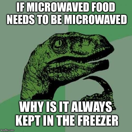 I never understood this for the whole of my life |  IF MICROWAVED FOOD NEEDS TO BE MICROWAVED; WHY IS IT ALWAYS KEPT IN THE FREEZER | image tagged in memes,philosoraptor,microwave,freezer,food,microwave kid | made w/ Imgflip meme maker