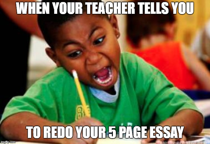 Triggered Kid | WHEN YOUR TEACHER TELLS YOU; TO REDO YOUR 5 PAGE ESSAY | image tagged in school memes,little kid memes,triggered kid memes | made w/ Imgflip meme maker