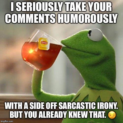 But That's None Of My Business Meme | I SERIOUSLY TAKE YOUR COMMENTS HUMOROUSLY WITH A SIDE OFF SARCASTIC IRONY.  BUT YOU ALREADY KNEW THAT.  | image tagged in memes,but thats none of my business,kermit the frog | made w/ Imgflip meme maker