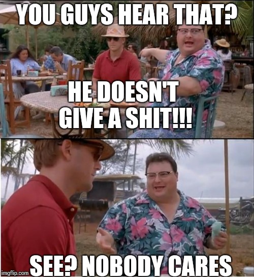 See Nobody Cares Meme | YOU GUYS HEAR THAT? HE DOESN'T GIVE A SHIT!!! SEE? NOBODY CARES | image tagged in memes,see nobody cares | made w/ Imgflip meme maker